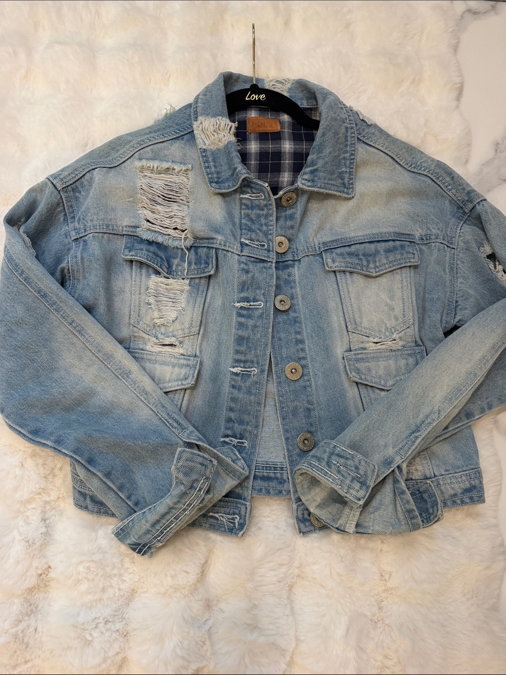 POL Light Blue Distressed Jean Jacket